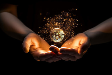 Bitcoin magic glowing light floating over a Gesture Hand background money trading at currency market, Generative AI.の素材