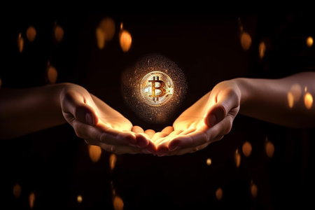 Bitcoin magic glowing light floating over a Gesture Hand background money trading at currency market, Generative AI.の素材