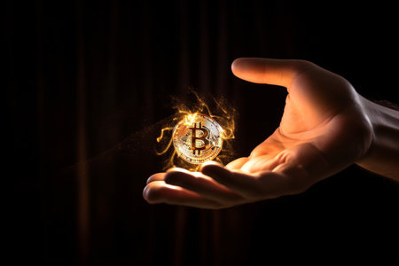 Bitcoin magic glowing light floating over a Gesture Hand background money trading at currency market, Generative AI.の素材