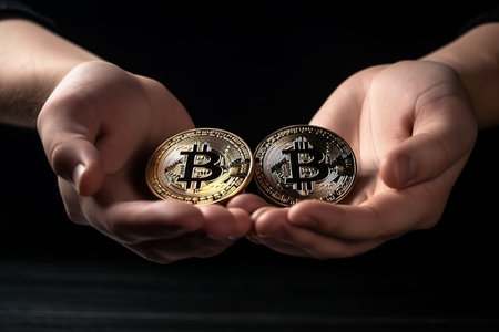 hand holding bitcoin money. digital currency modern investment Digital symbol of a new virtual currency, Generative AI.の素材