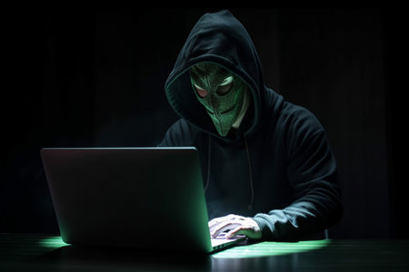 hacker man typing on laptop, hacking computer system terrorist with virus computer attack to server network system online in data internet security, Generative AI.の素材