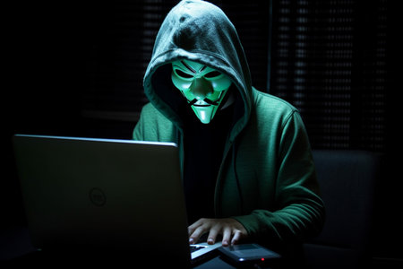 hacker man typing on laptop, hacking computer system terrorist with virus computer attack to server network system online in data internet security, Generative AI.の素材