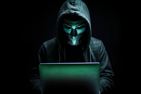 hacker man typing on laptop, hacking computer system terrorist with virus computer attack to server network system online in data internet security, Generative AI.の素材