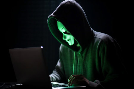 hacker man typing on laptop, hacking computer system terrorist with virus computer attack to server network system online in data internet security, Generative AI.の素材