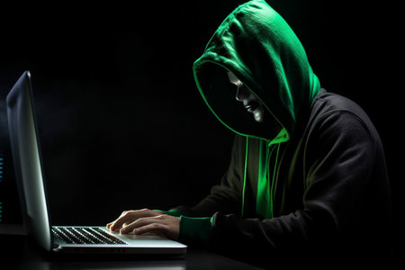 hacker man typing on laptop, hacking computer system terrorist with virus computer attack to server network system online in data internet security, Generative AI.の素材