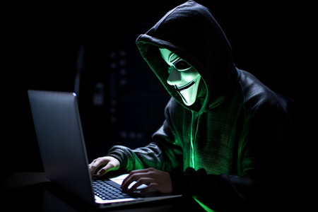 hacker man typing on laptop, hacking computer system terrorist with virus computer attack to server network system online in data internet security, Generative AI.の素材