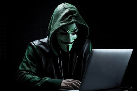 hacker man typing on laptop, hacking computer system terrorist with virus computer attack to server network system online in data internet security, Generative AI.の素材