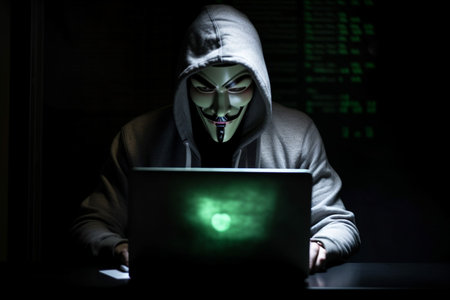 hacker man typing on laptop, hacking computer system terrorist with virus computer attack to server network system online in data internet security, Generative AI.の素材