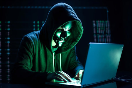 hacker man typing on laptop, hacking computer system terrorist with virus computer attack to server network system online in data internet security, Generative AI.の素材