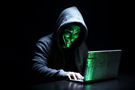 hacker man typing on laptop, hacking computer system terrorist with virus computer attack to server network system online in data internet security, Generative AI.の素材