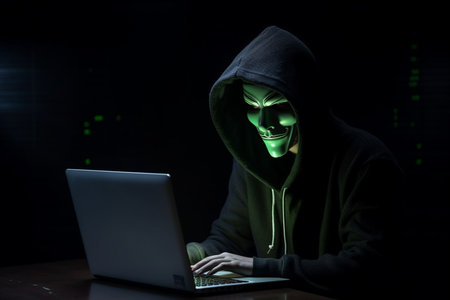 hacker man typing on laptop, hacking computer system terrorist with virus computer attack to server network system online in data internet security, Generative AI.の素材