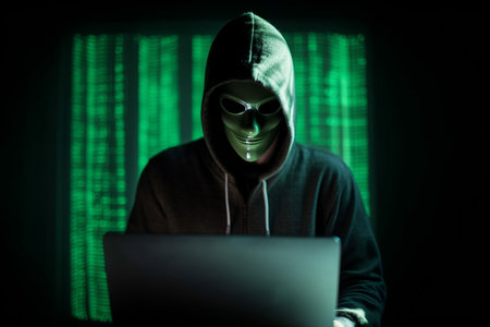hacker man typing on laptop, hacking computer system terrorist with virus computer attack to server network system online in data internet security, Generative AI.の素材