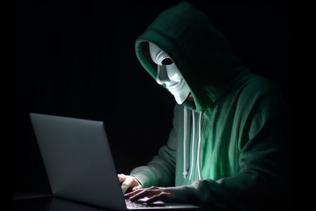 hacker man typing on laptop, hacking computer system terrorist with virus computer attack to server network system online in data internet security, Generative AI.の素材