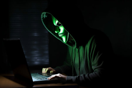 hacker man typing on laptop, hacking computer system terrorist with virus computer attack to server network system online in data internet security, Generative AI.の素材