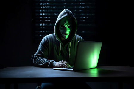 hacker man typing on laptop, hacking computer system terrorist with virus computer attack to server network system online in data internet security, Generative AI.の素材