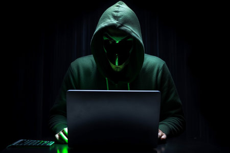 hacker man typing on laptop, hacking computer system terrorist with virus computer attack to server network system online in data internet security, Generative AI.の素材