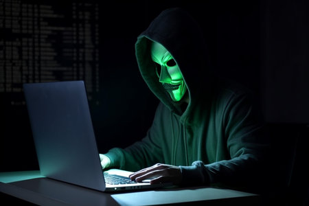 hacker man typing on laptop, hacking computer system terrorist with virus computer attack to server network system online in data internet security, Generative AI.の素材