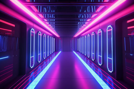 Abstract color neon light footpath direction in perspective in the futuristic city background, Generative AI.の素材
