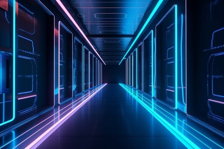 Abstract color neon light footpath direction in perspective in the futuristic city background, Generative AI.の素材