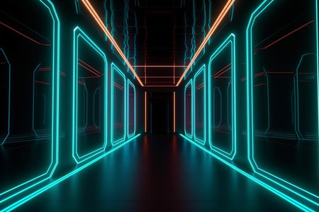Abstract color neon light footpath direction in perspective in the futuristic city background, Generative AI.の素材