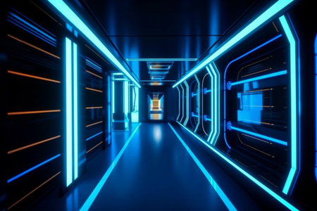 Abstract color neon light footpath direction in perspective in the futuristic city background, Generative AI.の素材