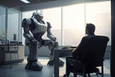 AI artificial intelligence or humanoid robot talking to human Consult and advise wisely project development generative AI.の素材