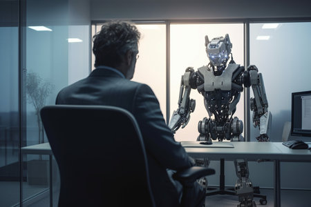 AI artificial intelligence or humanoid robot talking to human Consult and advise wisely project development generative AI.の素材