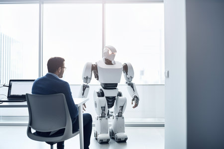 AI artificial intelligence or humanoid robot talking to human Consult and advise wisely project development generative AI.の素材