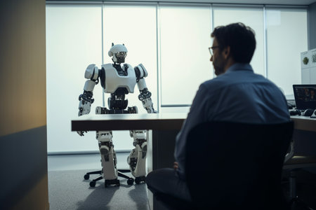 AI artificial intelligence or humanoid robot talking to human Consult and advise wisely project development generative AI.の素材