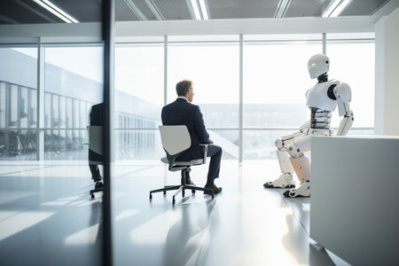 AI artificial intelligence or humanoid robot talking to human Consult and advise wisely project development generative AI.の素材
