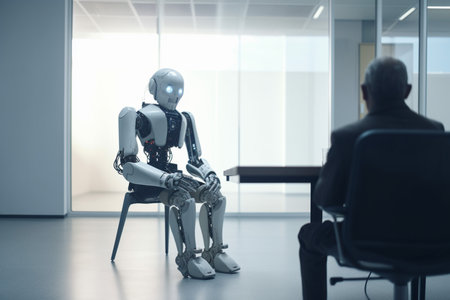 AI artificial intelligence or humanoid robot talking to human Consult and advise wisely project development generative AI.の素材