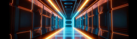 Abstract color neon light footpath direction in perspective in the futuristic city background, Generative AIの素材