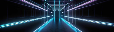 Abstract color neon light footpath direction in perspective in the futuristic city background, Generative AIの素材