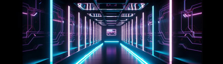 Abstract color neon light footpath direction in perspective in the futuristic city background, Generative AIの素材