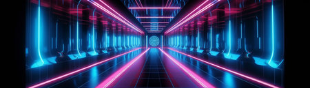 Abstract color neon light footpath direction in perspective in the futuristic city background, Generative AIの素材