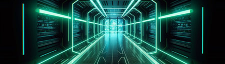 Abstract color neon light footpath direction in perspective in the futuristic city background, Generative AIの素材