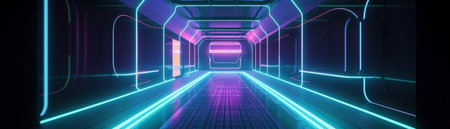 Abstract color neon light footpath direction in perspective in the futuristic city background, Generative AIの素材