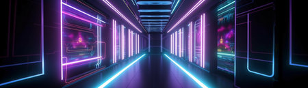 Abstract color neon light footpath direction in perspective in the futuristic city background, Generative AIの素材