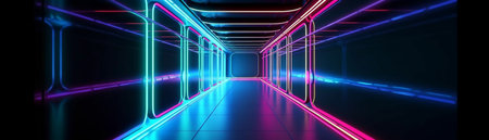 Abstract color neon light footpath direction in perspective in the futuristic city background, Generative AIの素材