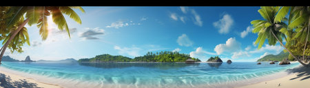 Beautiful beach with palms and turquoise sea  Art Summer vacation ocean with island on background, Generative AIの素材