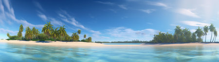 Beautiful beach with palms and turquoise sea  Art Summer vacation ocean with island on background, Generative AIの素材