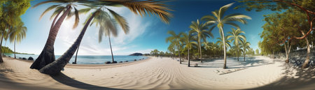 Beautiful beach with palms and turquoise sea  Art Summer vacation ocean with island on background, Generative AIの素材