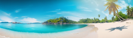 Beautiful beach with palms and turquoise sea  Art Summer vacation ocean with island on background, Generative AIの素材