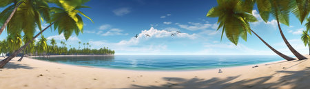 Beautiful beach with palms and turquoise sea  Art Summer vacation ocean with island on background, Generative AIの素材