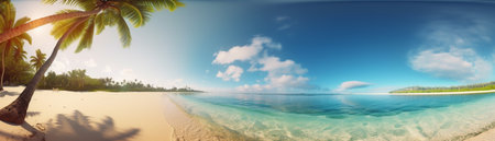 Beautiful beach with palms and turquoise sea  Art Summer vacation ocean with island on background, Generative AIの素材