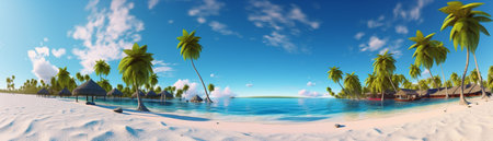 Beautiful beach with palms and turquoise sea  Art Summer vacation ocean with island on background, Generative AIの素材
