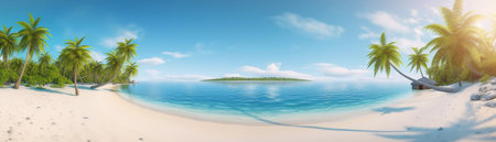 Beautiful beach with palms and turquoise sea  Art Summer vacation ocean with island on background, Generative AIの素材