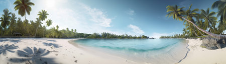 Beautiful beach with palms and turquoise sea  Art Summer vacation ocean with island on background, Generative AIの素材