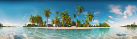 Beautiful beach with palms and turquoise sea  Art Summer vacation ocean with island on background, Generative AIの素材