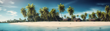 Beautiful beach with palms and turquoise sea  Art Summer vacation ocean with island on background, Generative AIの素材
